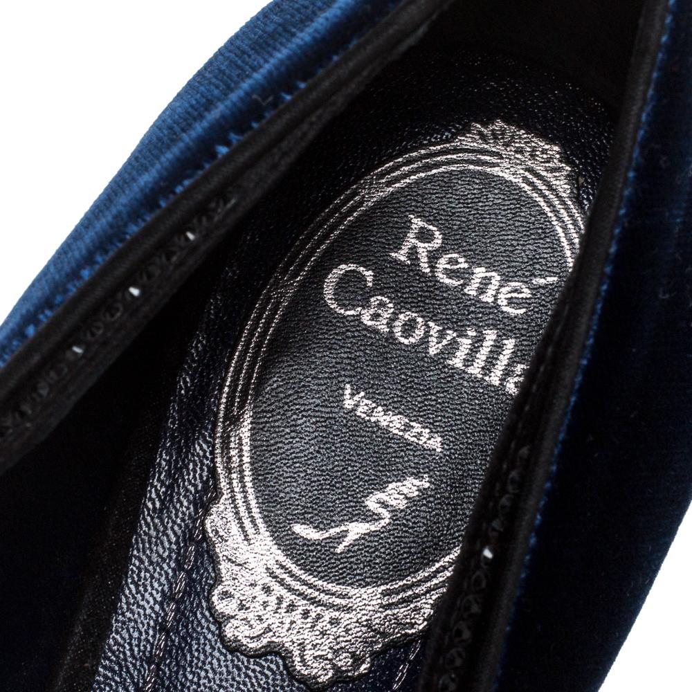 René Caovilla Navy Blue Velvet Crystal Embellished Smoking Slippers Size 35 1