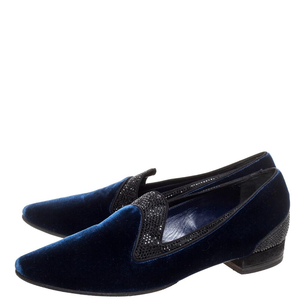 René Caovilla Navy Blue Velvet Crystal Embellished Smoking Slippers Size 35 2
