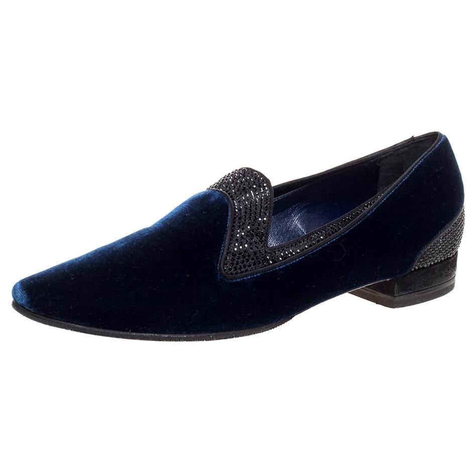 René Caovilla Navy Blue Velvet Crystal Embellished Smoking Slippers Size 35