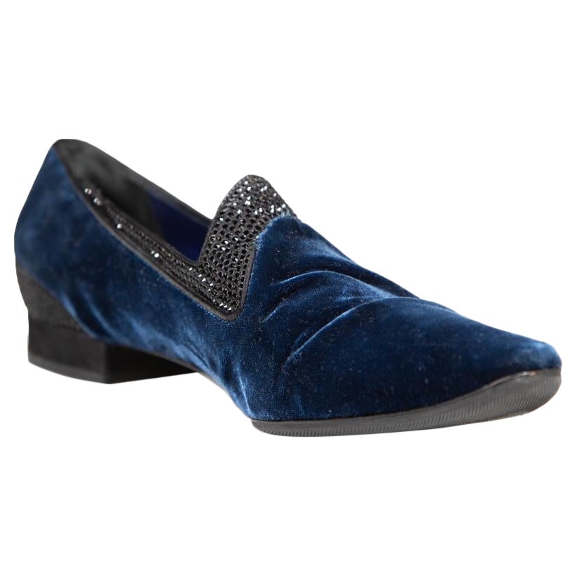 Rene Caovilla Navy Velvet Embellished Loafers Size IT 38.5