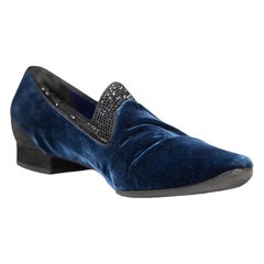 Rene Caovilla Navy Velvet Embellished Loafers Size IT 38.5
