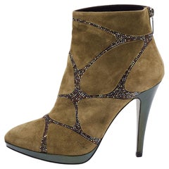 René Caovilla Olive Green Suede and Crystal Embellished Ankle Booties