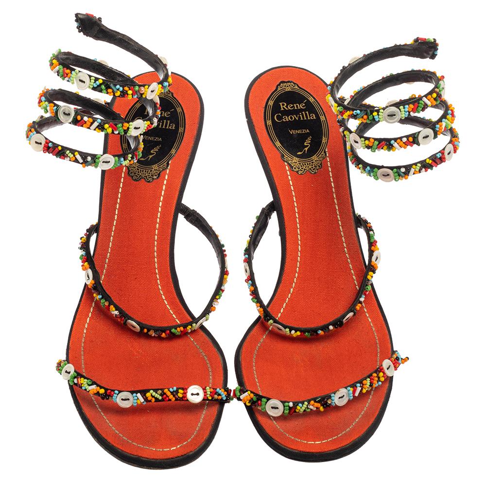 Brown René Caovilla Orange/Black Satin Embellished Ankle Wrap Sandals Size 39.5