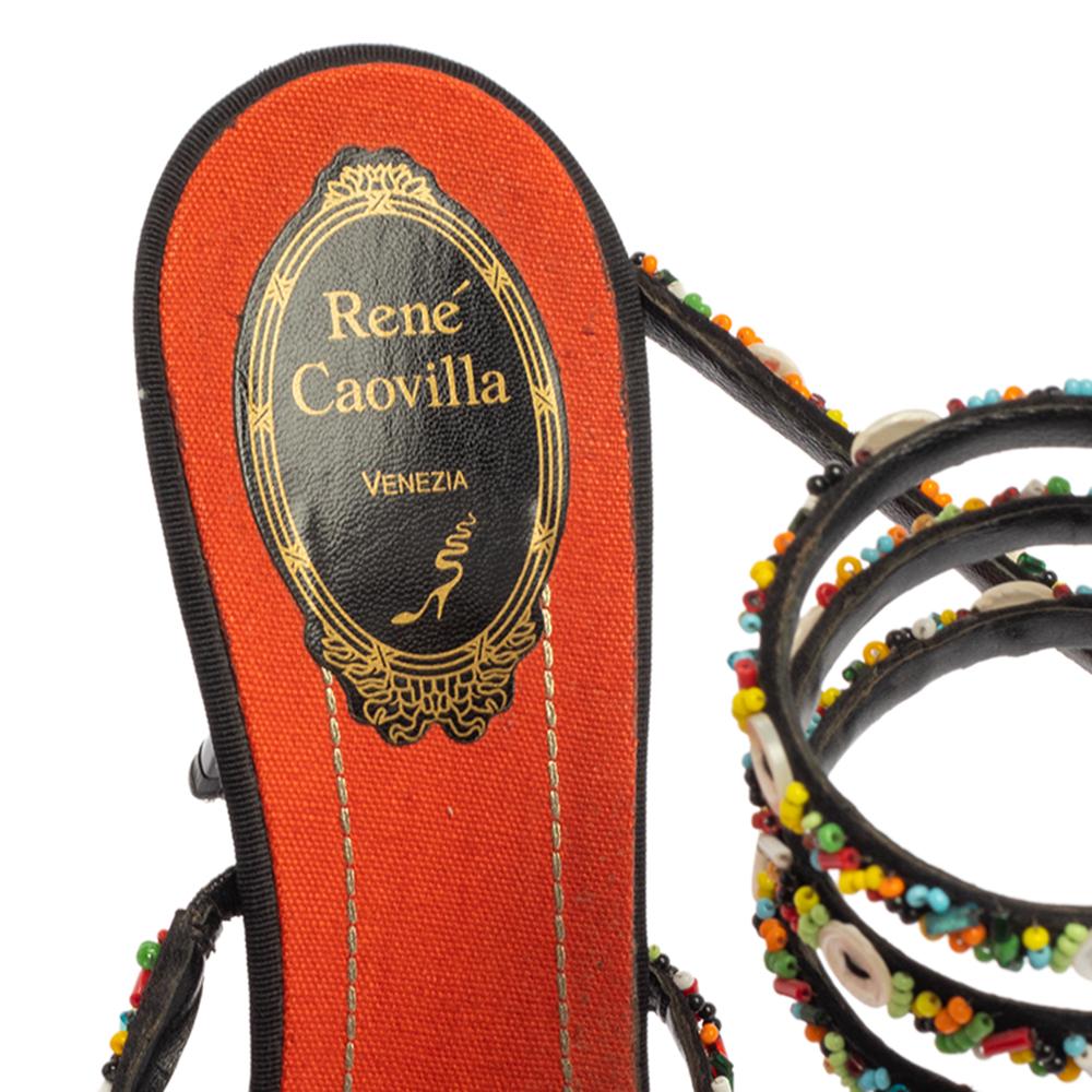 René Caovilla Orange/Black Satin Embellished Ankle Wrap Sandals Size 39.5 In Good Condition In Dubai, Al Qouz 2