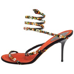 René Caovilla Orange/Black Satin Embellished Ankle Wrap Sandals Size 39.5