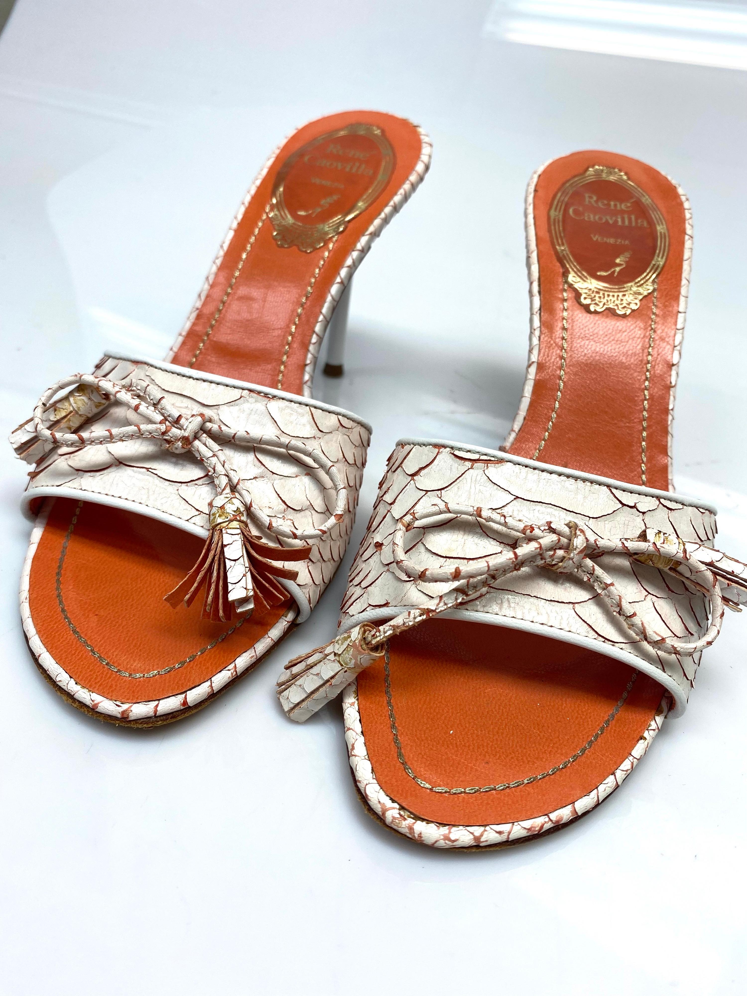Women's Rene Caovilla Orange Python Peep Toe Heels Size 35 For Sale