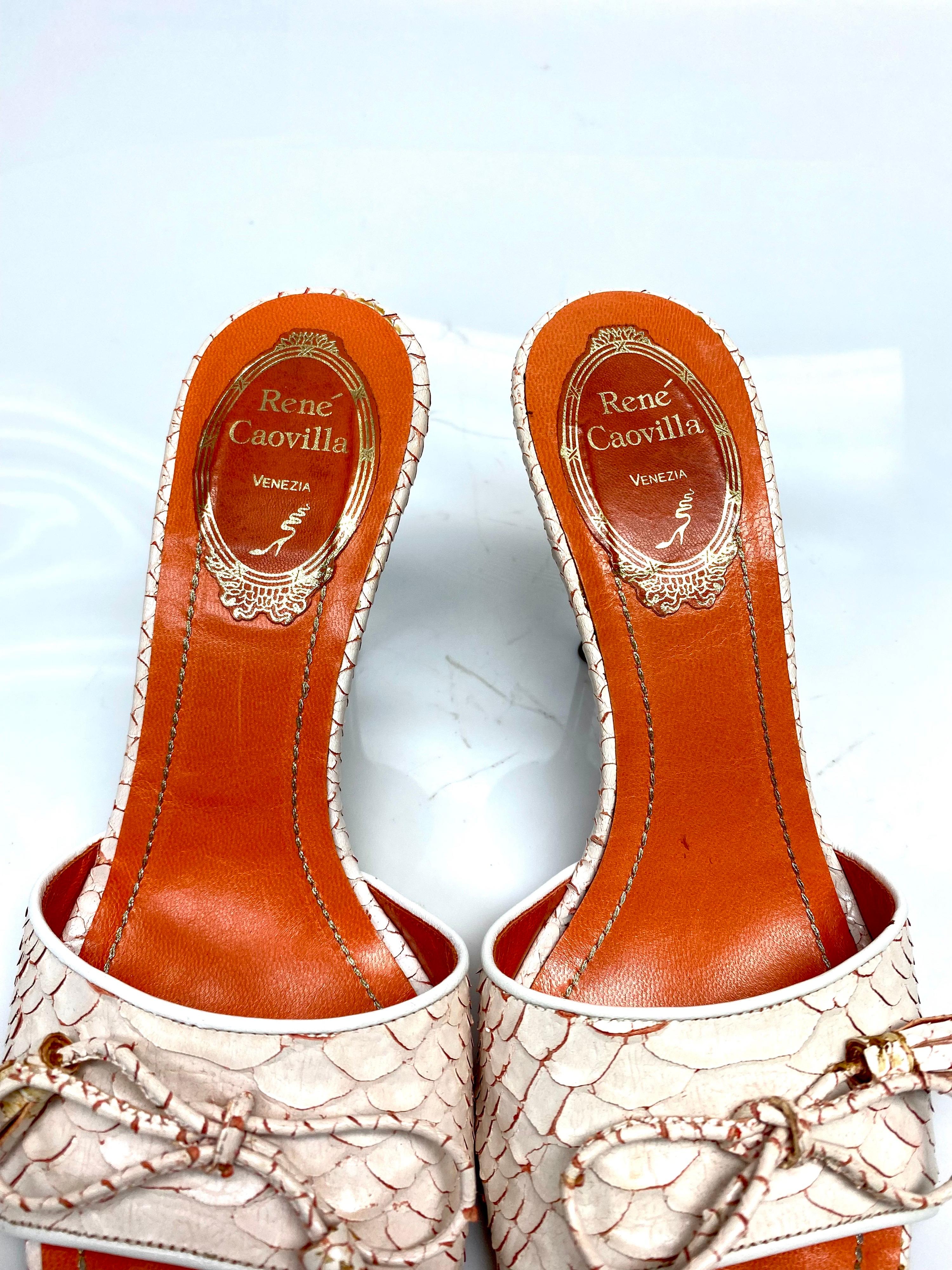 Rene Caovilla Orange Python Peep Toe Heels Size 35 For Sale 1