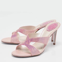 René Caovilla Pink Crystal Embellished Satin Slide Sandals Size 40