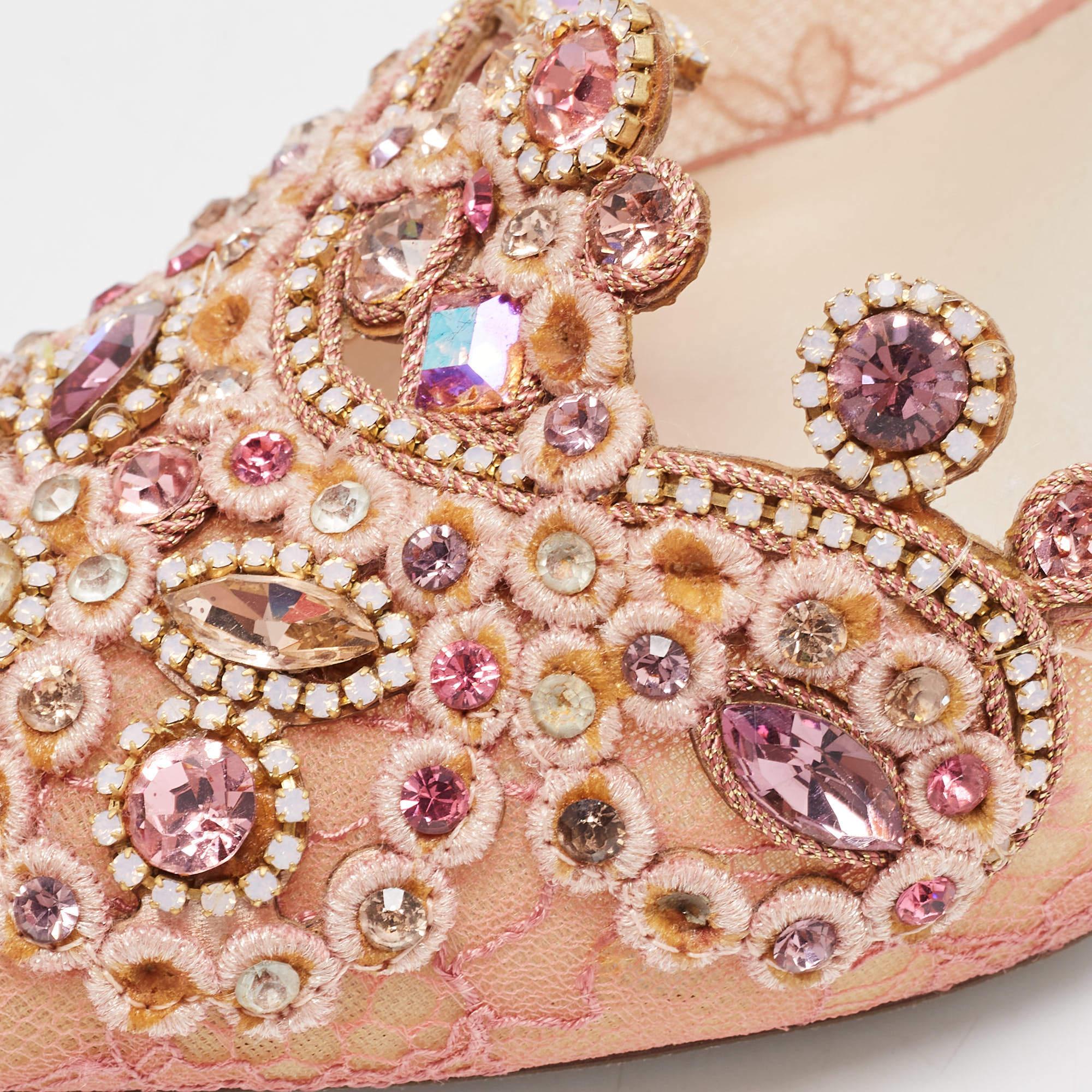 René Caovilla Pink Lace and Leather Crystal Embellished Slingback Pumps 5