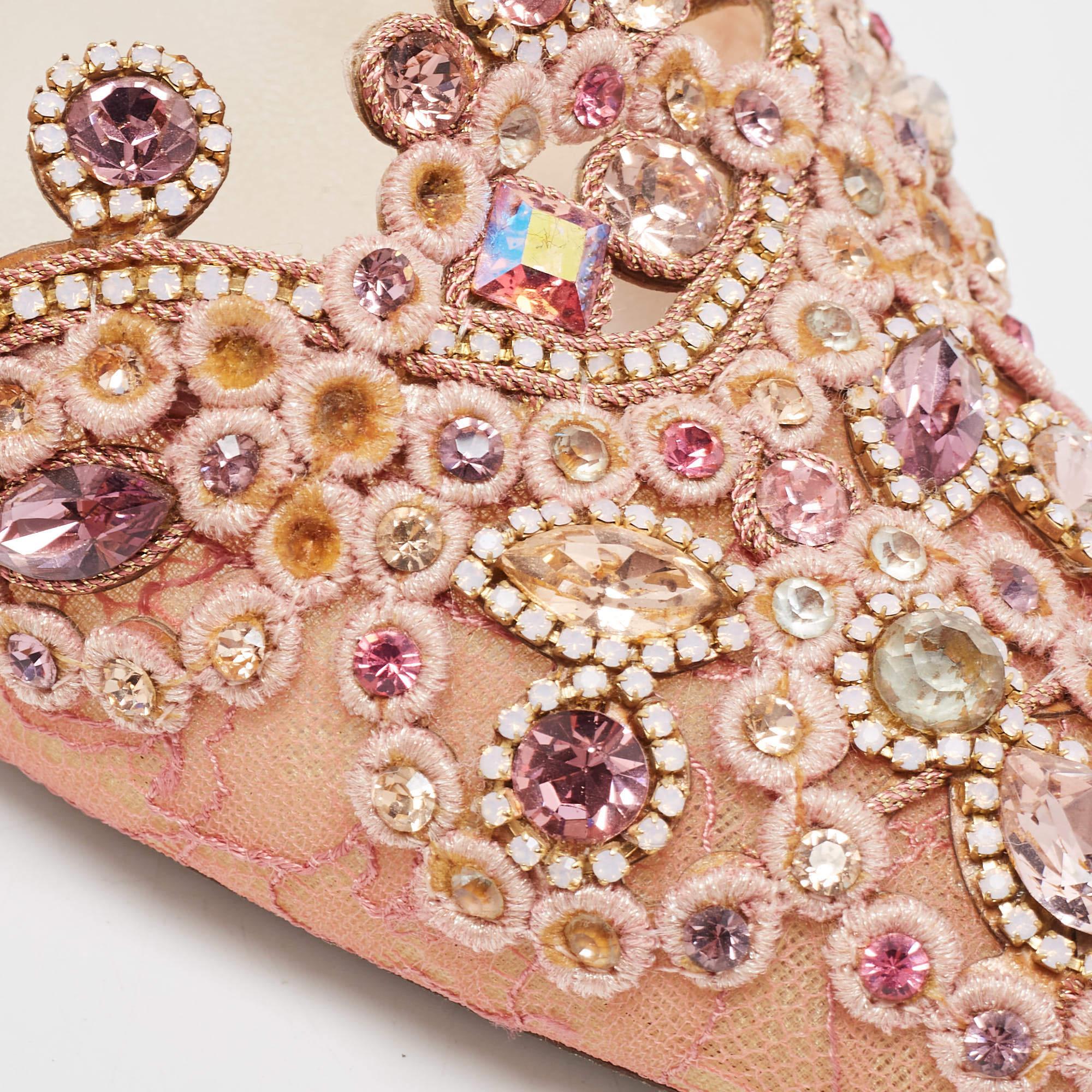 René Caovilla Pink Lace and Leather Crystal Embellished Slingback Pumps 6