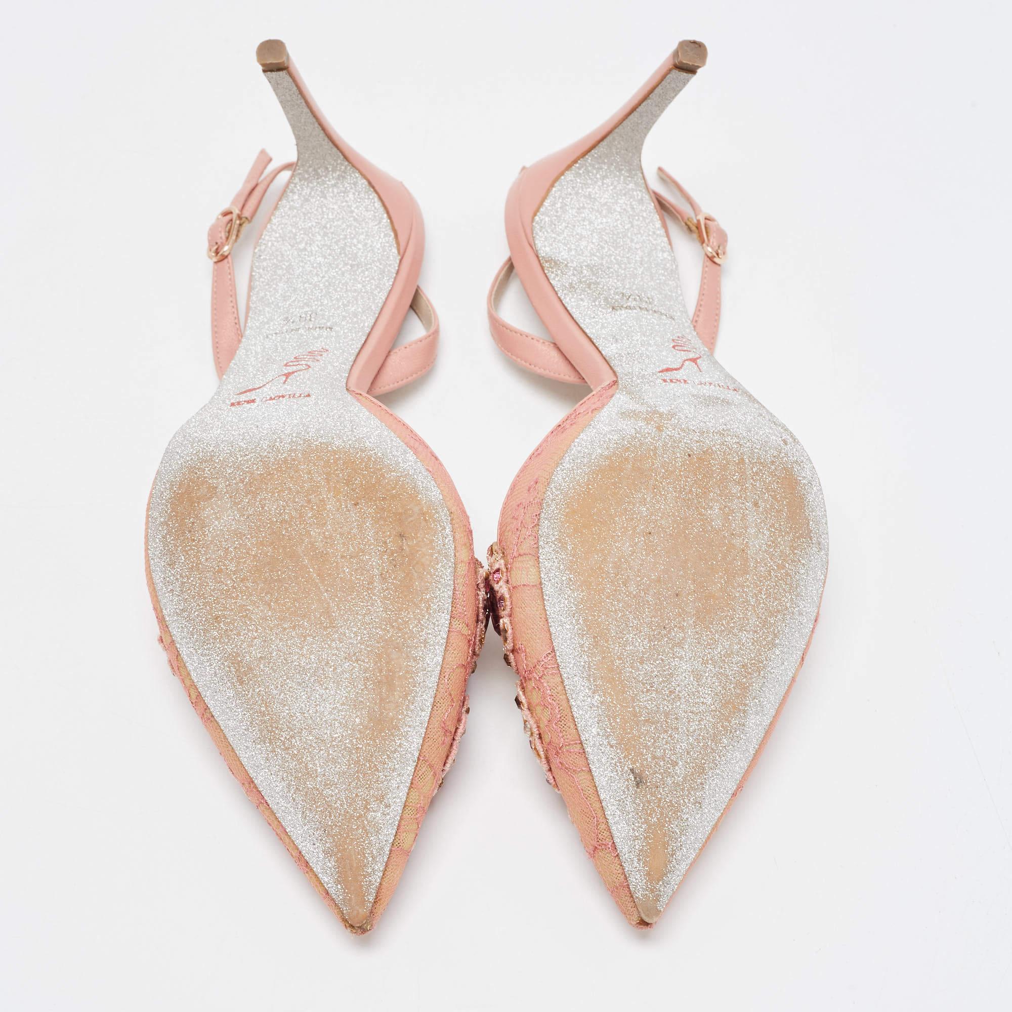 René Caovilla Pink Lace and Leather Crystal Embellished Slingback Pumps 7