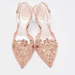 René Caovilla Pink Lace and Leather Crystal Embellished Slingback Pumps