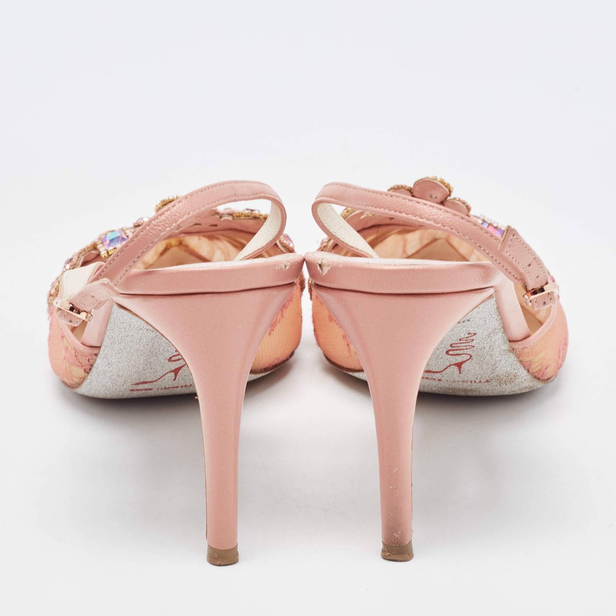 Beige René Caovilla Pink Lace and Leather Crystal Embellished Slingback Pumps