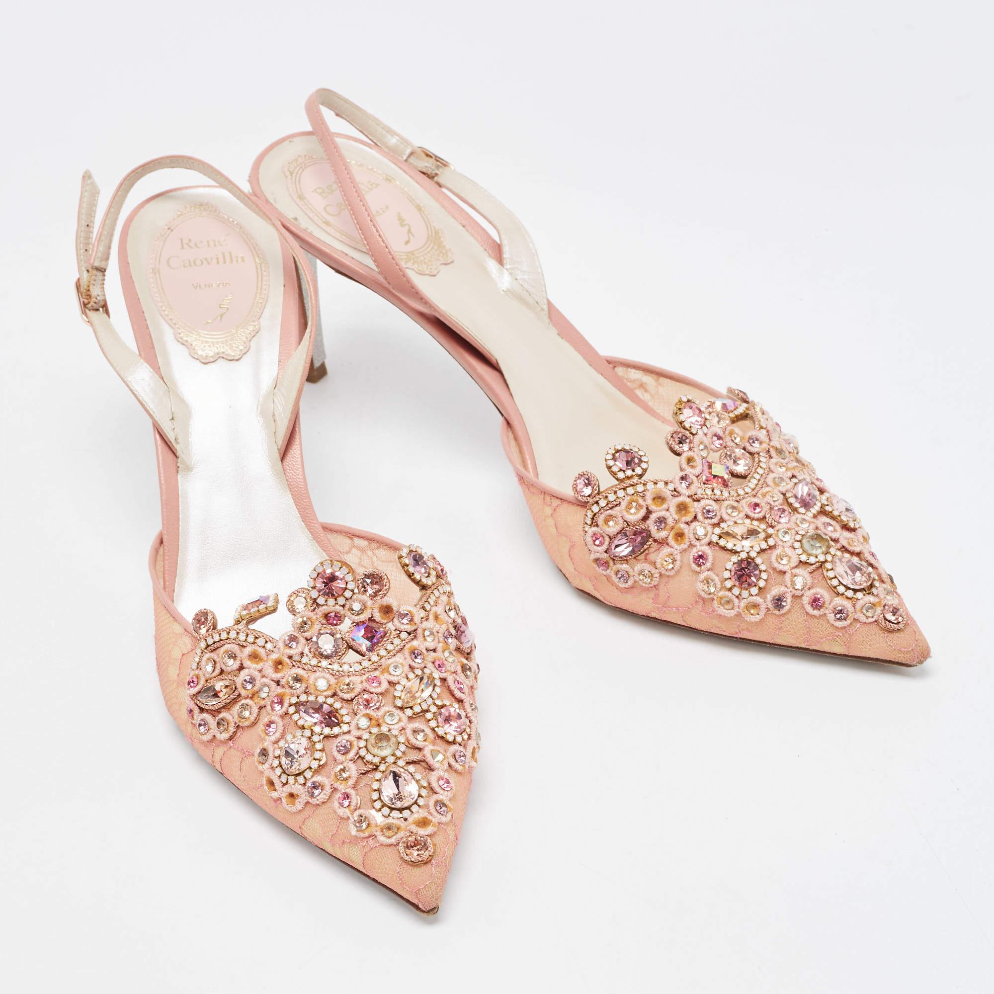 Women's René Caovilla Pink Lace and Leather Crystal Embellished Slingback Pumps
