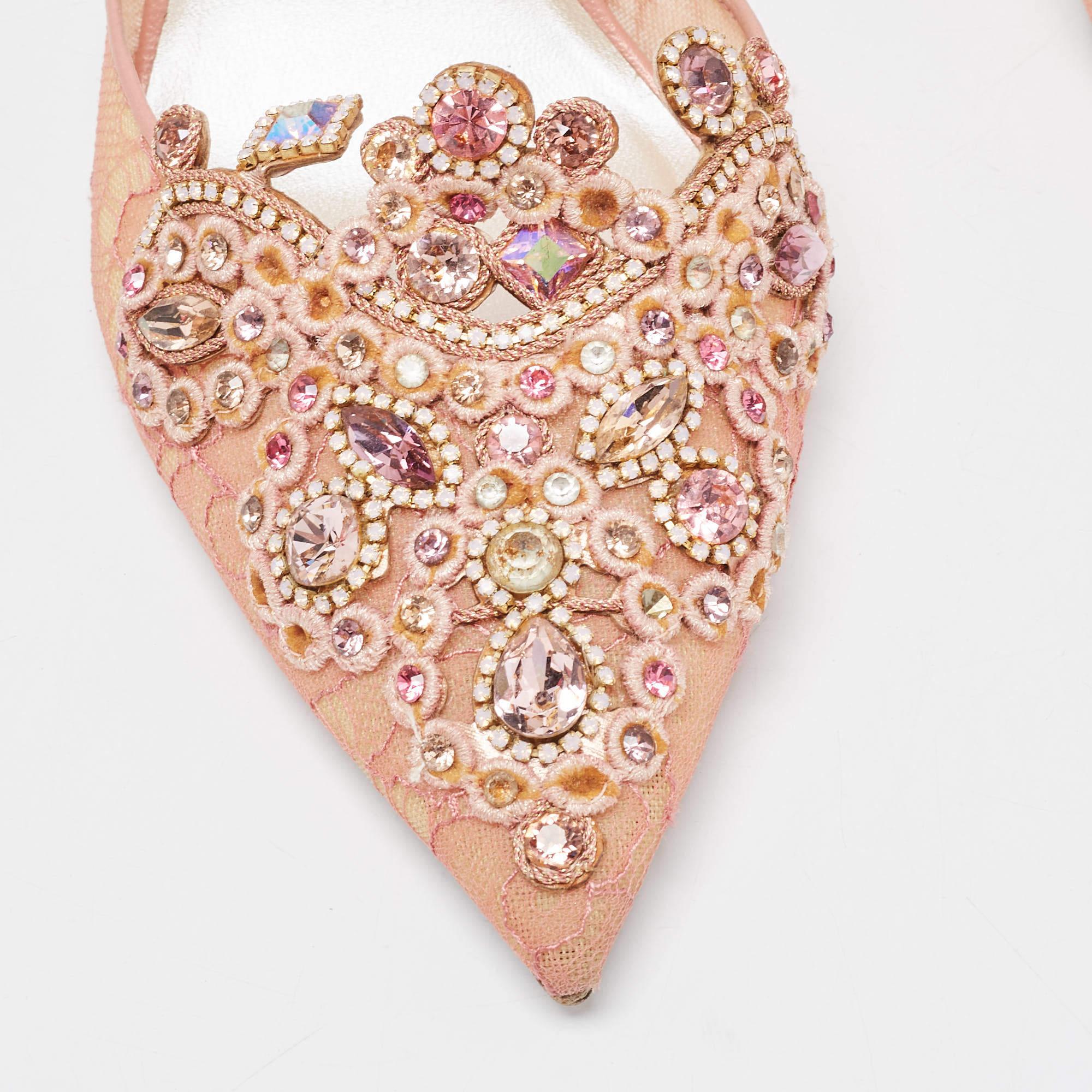 René Caovilla Pink Lace and Leather Crystal Embellished Slingback Pumps 3