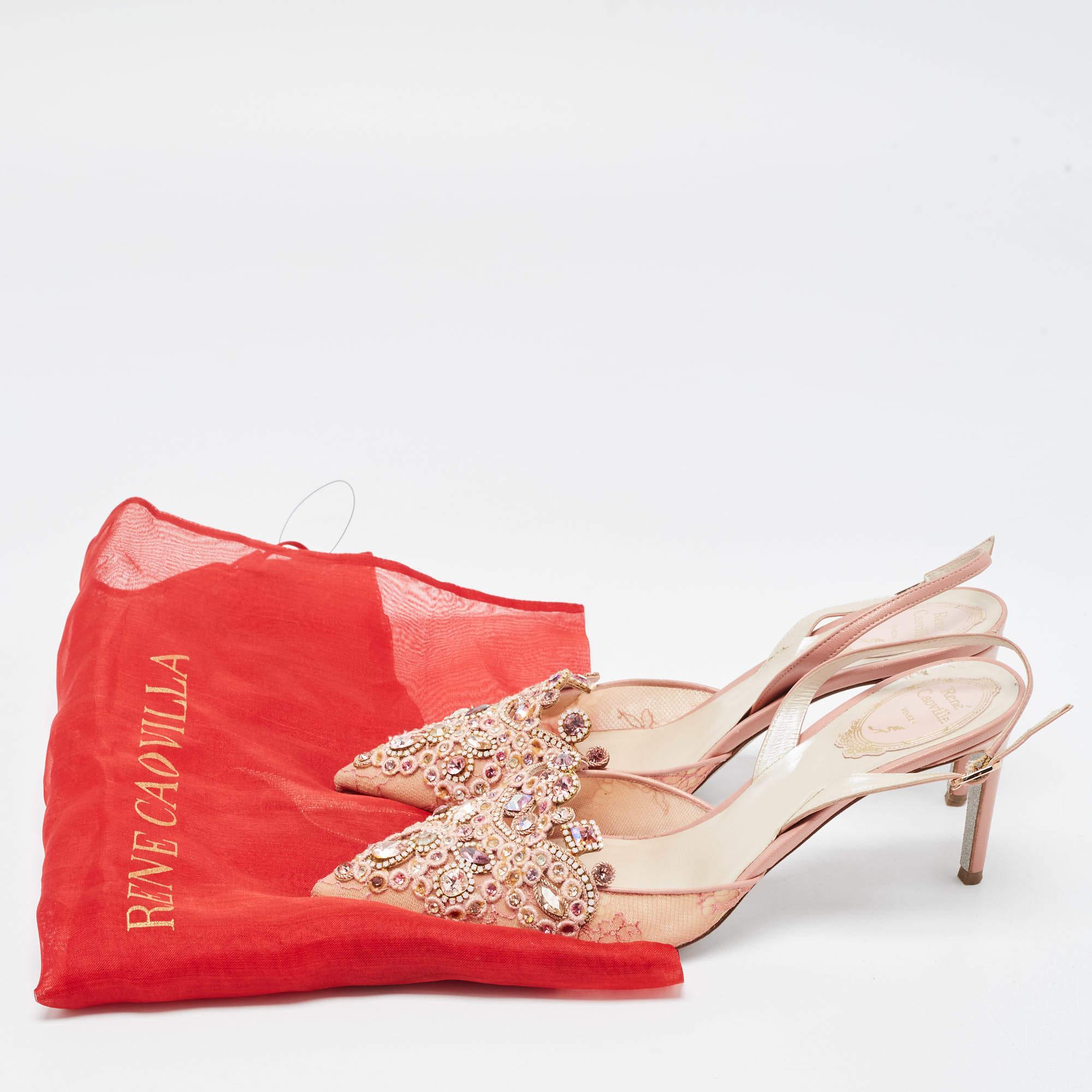 René Caovilla Pink Lace and Leather Crystal Embellished Slingback Pumps 4
