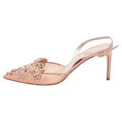 René Caovilla Pink Lace and Leather Crystal Embellished Slingback Pumps