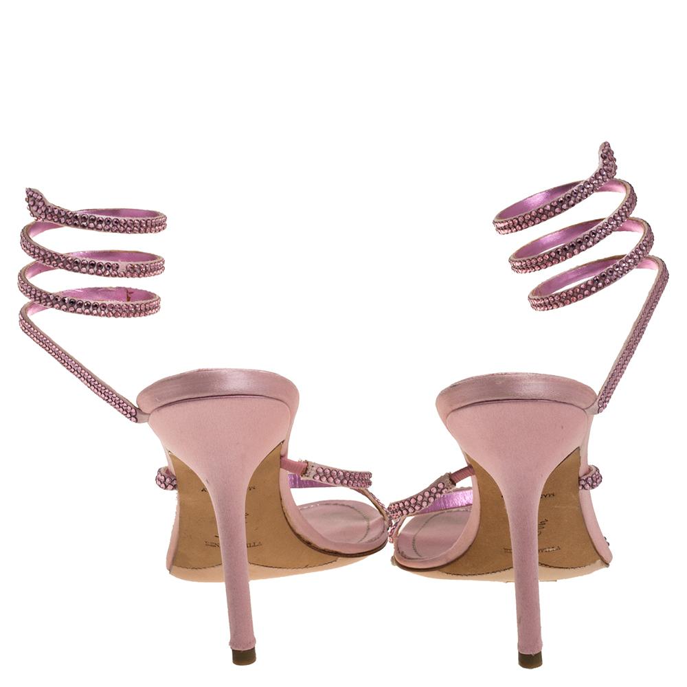 Brown René Caovilla Pink Satin Crystal Embellished Ankle Wrap Open Toe Sandals Size 40