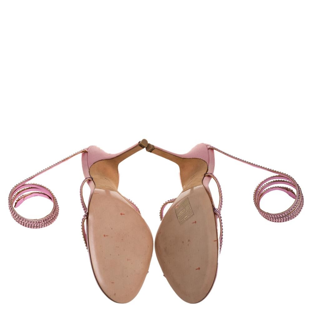 René Caovilla Pink Satin Crystal Embellished Ankle Wrap Open Toe Sandals Size 40 In Good Condition In Dubai, Al Qouz 2