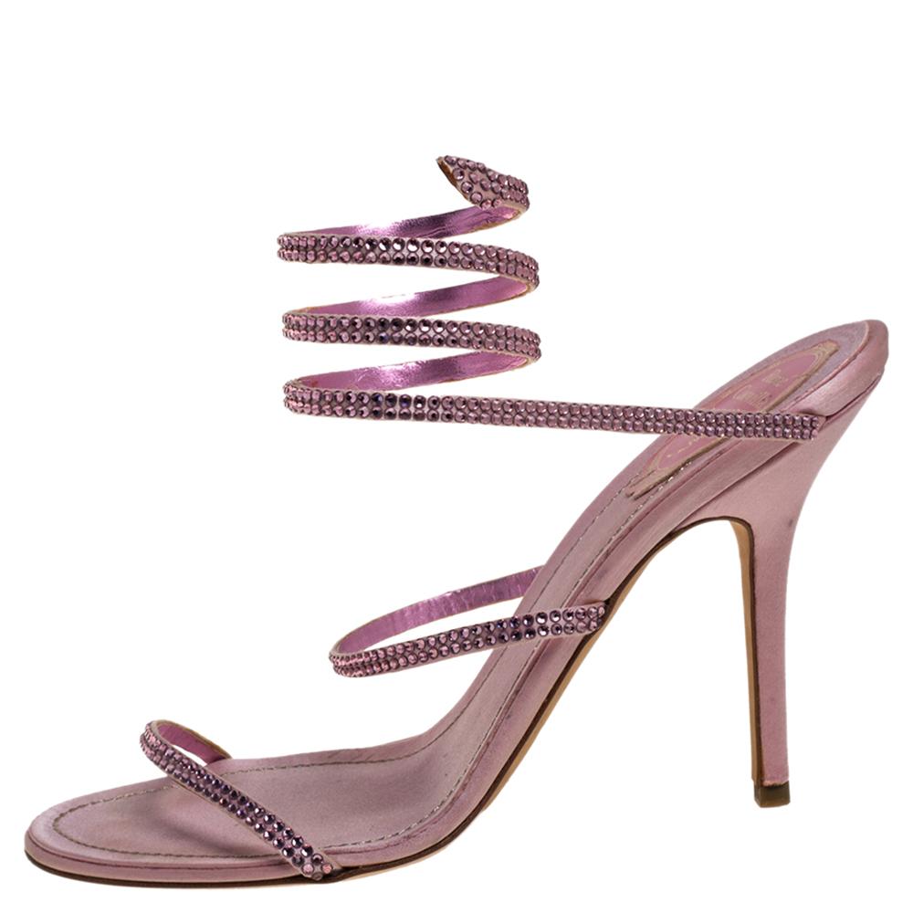 Women's René Caovilla Pink Satin Crystal Embellished Ankle Wrap Open Toe Sandals Size 40