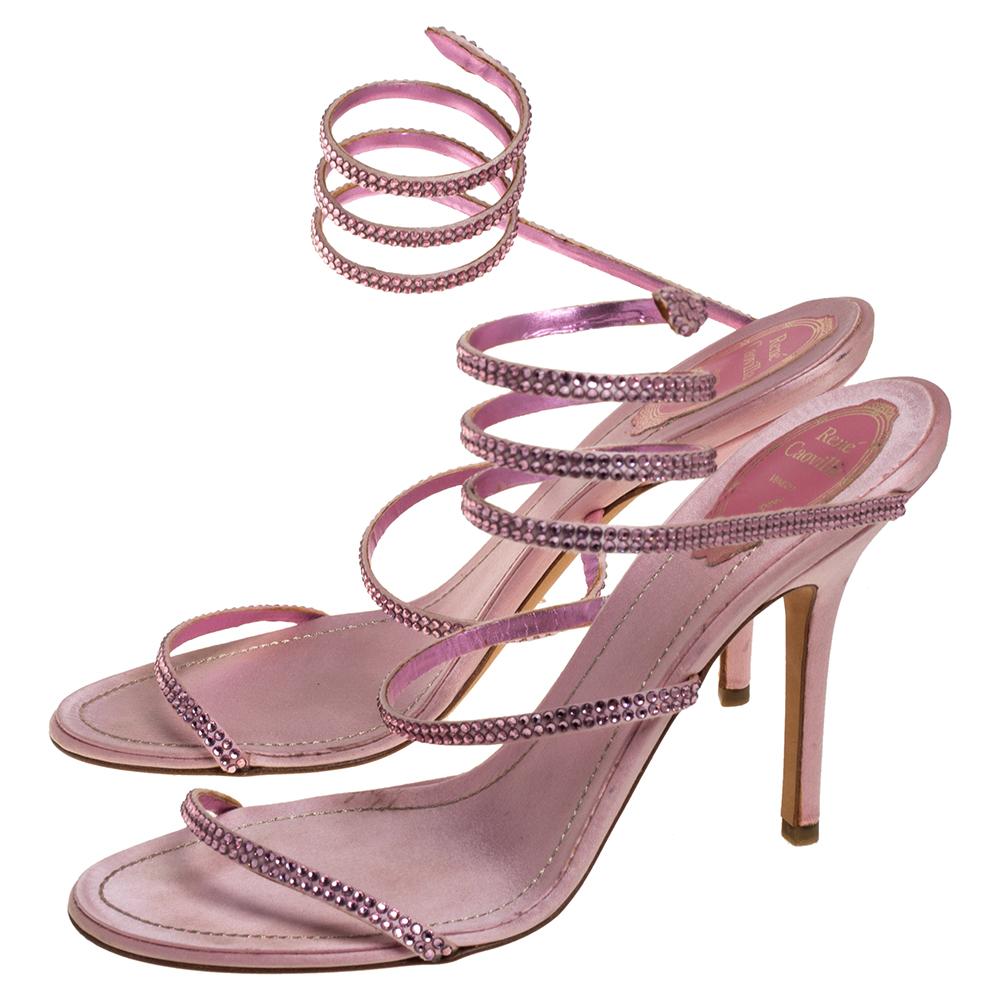 René Caovilla Pink Satin Crystal Embellished Ankle Wrap Open Toe Sandals Size 40 1