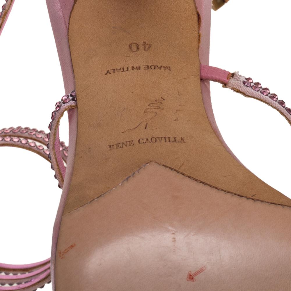 René Caovilla Pink Satin Crystal Embellished Ankle Wrap Open Toe Sandals Size 40 2