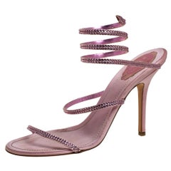 René Caovilla Pink Satin Crystal Embellished Ankle Wrap Open Toe Sandals Size 40