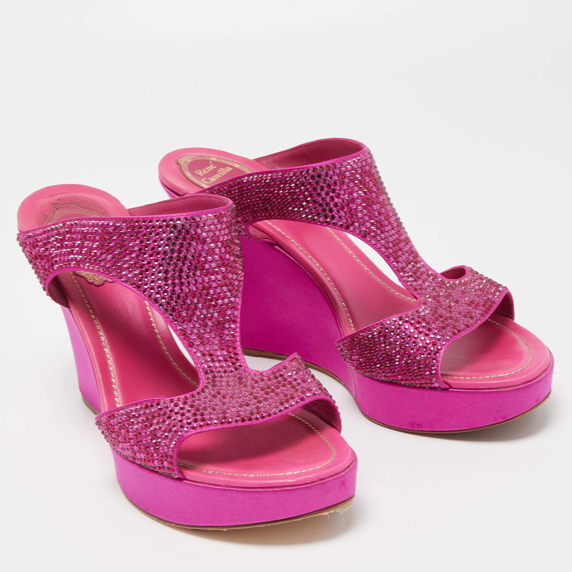 Women's René Caovilla Pink Satin Crystal Embellished Wedge Slide Sandals Size 41 For Sale