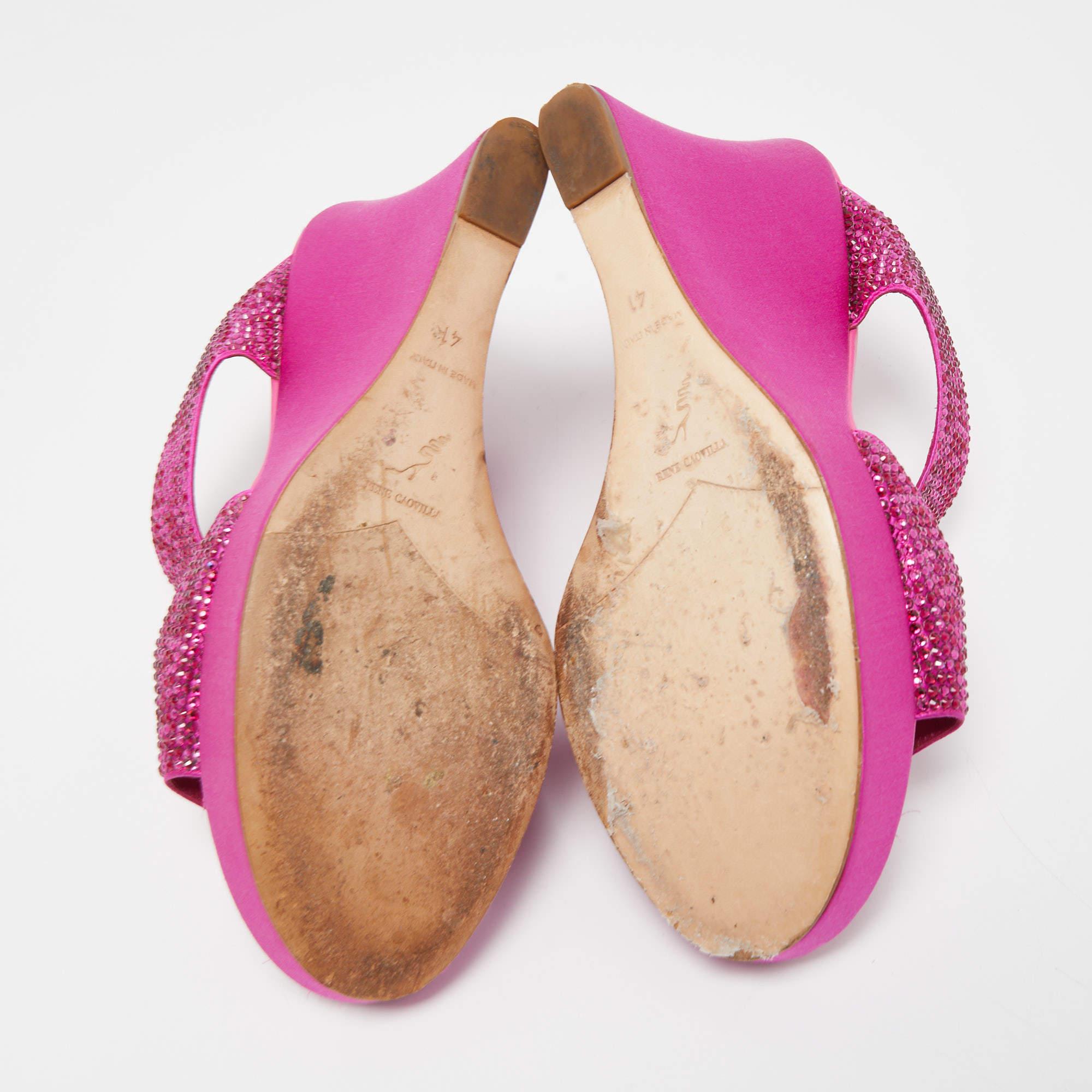 René Caovilla Pink Satin Crystal Embellished Wedge Slide Sandals Size 41 For Sale 2