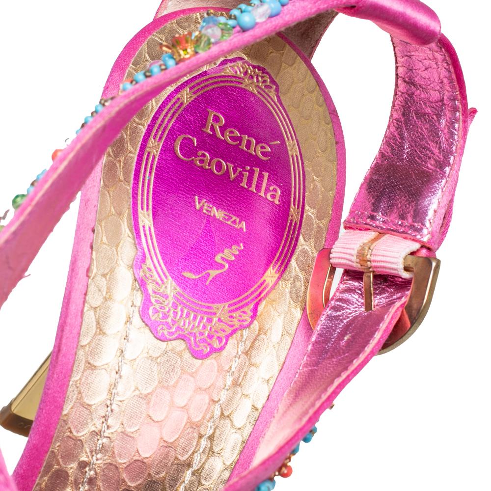 René Caovilla Pink Satin Embellished Criss Cross Sandals Size 38.5 In Good Condition In Dubai, Al Qouz 2
