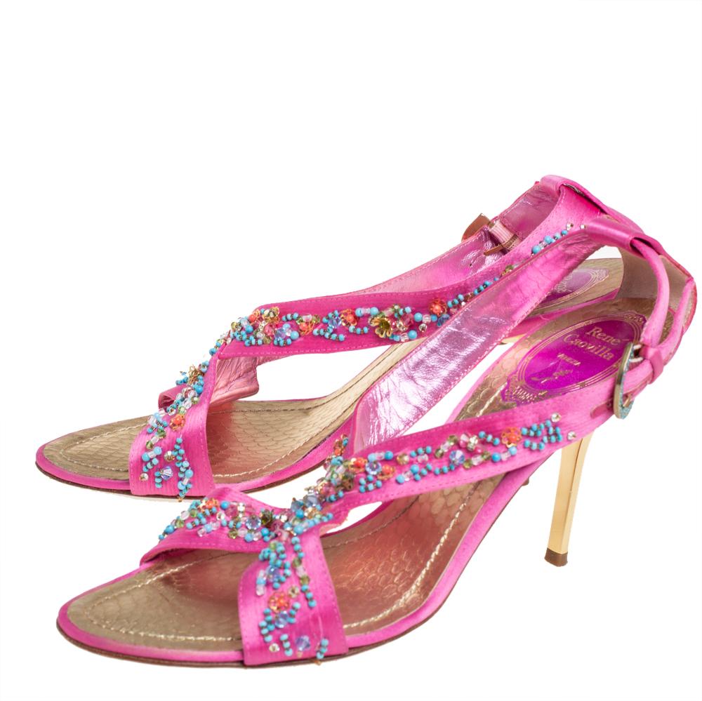 Women's René Caovilla Pink Satin Embellished Criss Cross Sandals Size 38.5