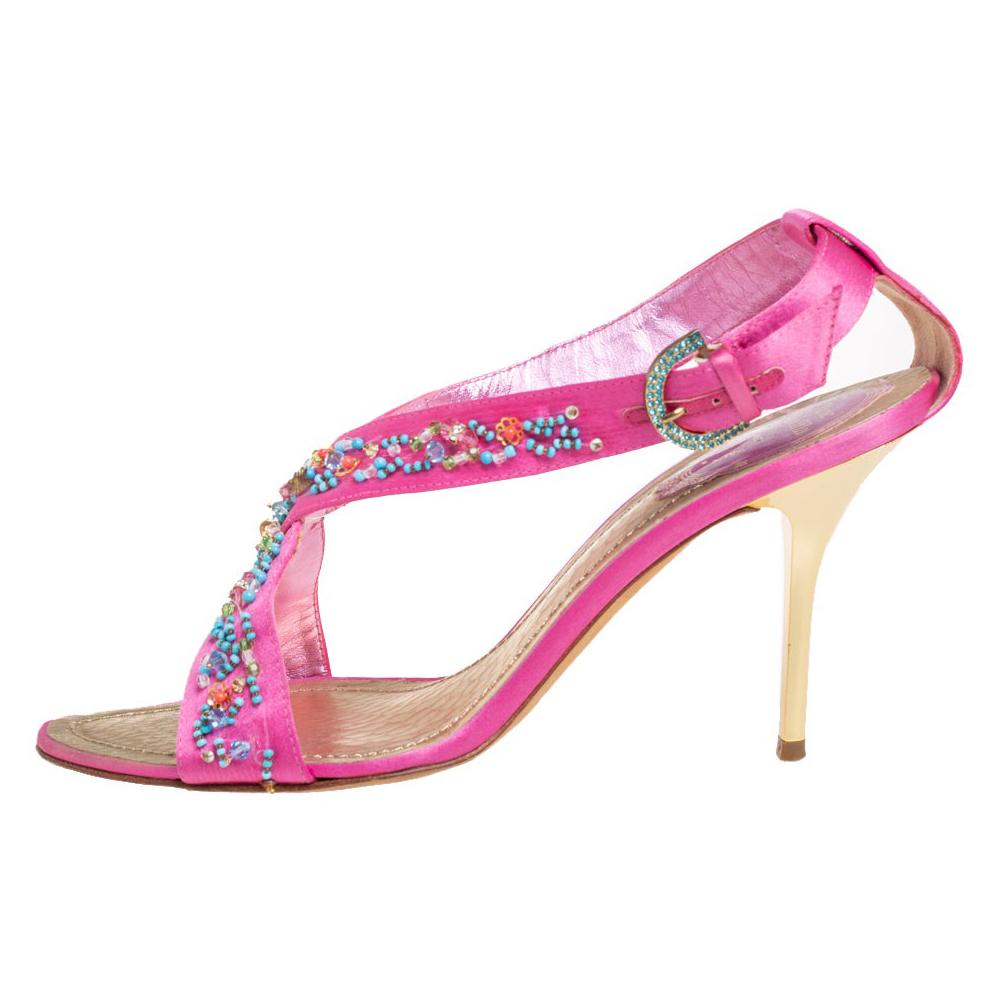 René Caovilla Pink Satin Embellished Criss Cross Sandals Size 38.5