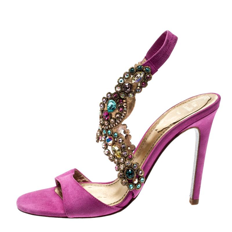 René Caovilla Pink Suede Crystal Embellished Anklet Sandals Size 37 1