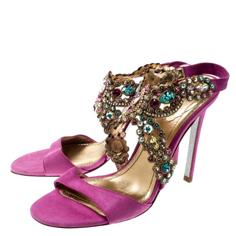 René Caovilla Pink Suede Crystal Embellished Anklet Sandals Size 37 at ...