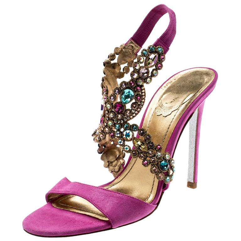 René Caovilla Pink Suede Crystal Embellished Anklet Sandals Size 37
