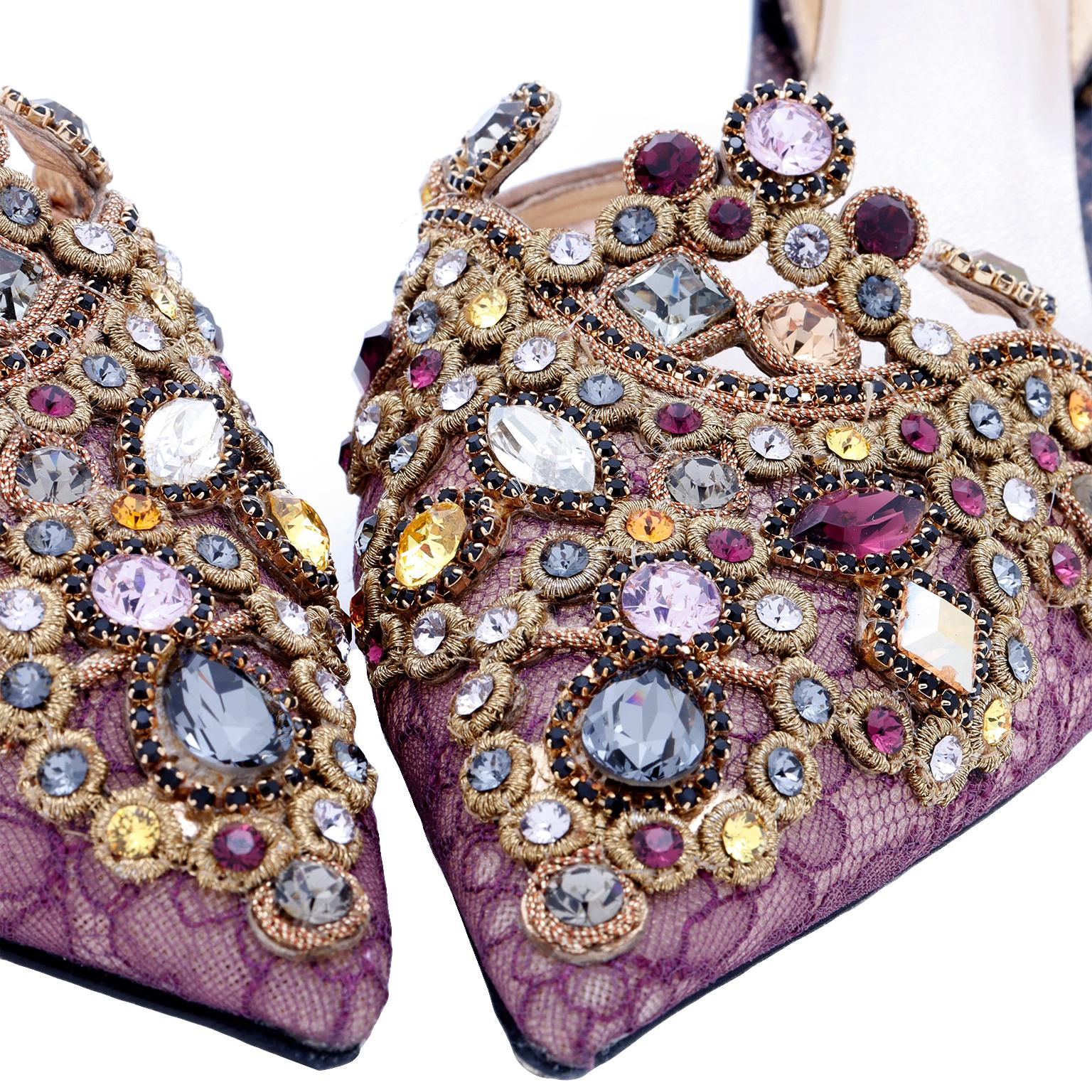 Rene Caovilla Purple Lace Jeweled Slingback Evening Shoes 2