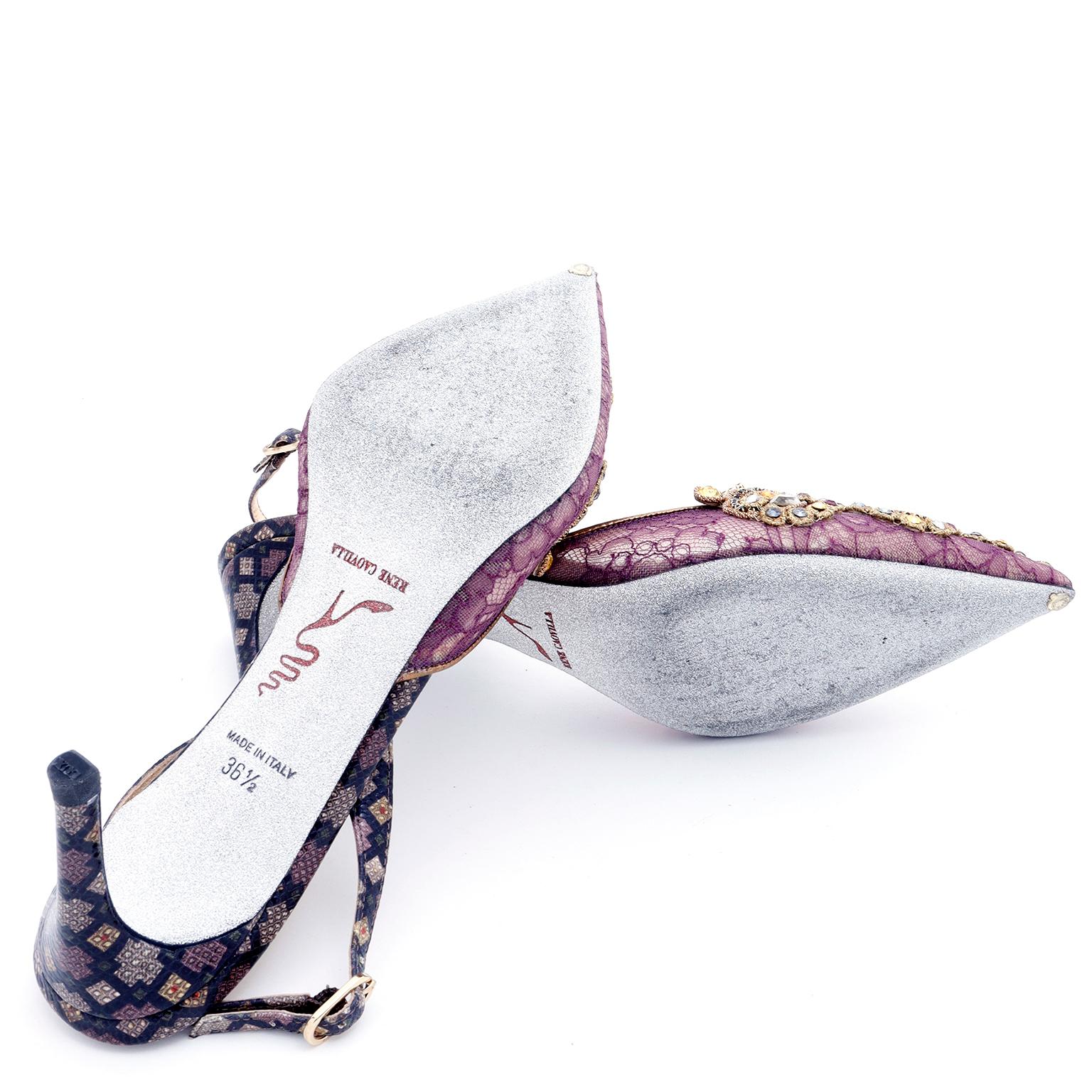 Rene Caovilla Purple Lace Jeweled Slingback Evening Shoes 3