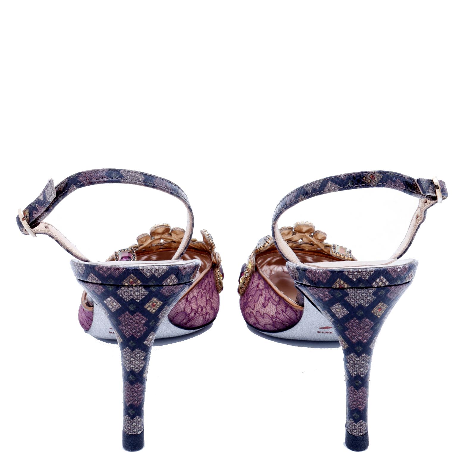 Gray Rene Caovilla Purple Lace Jeweled Slingback Evening Shoes