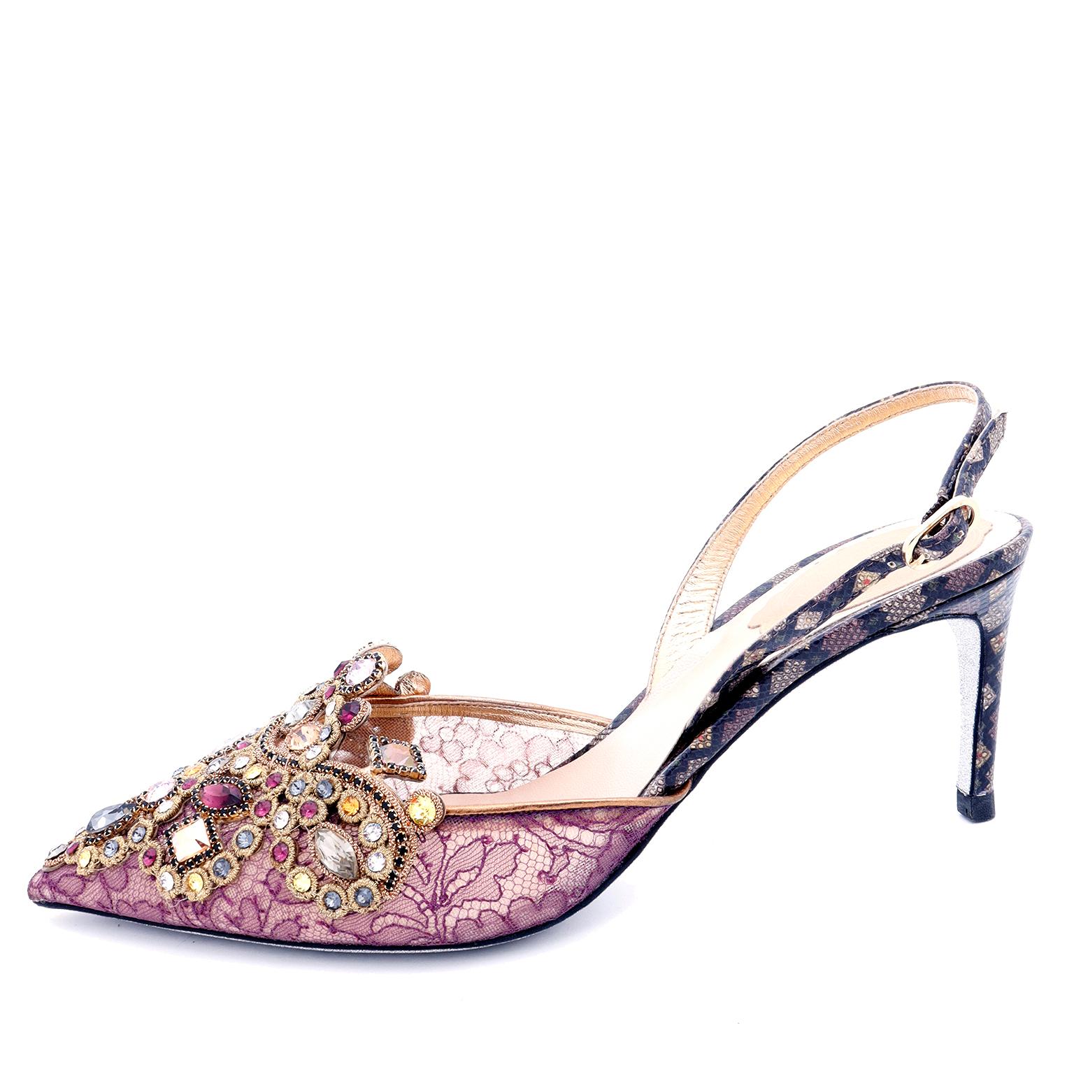 Rene Caovilla Purple Lace Jeweled Slingback Evening Shoes In Excellent Condition In Portland, OR