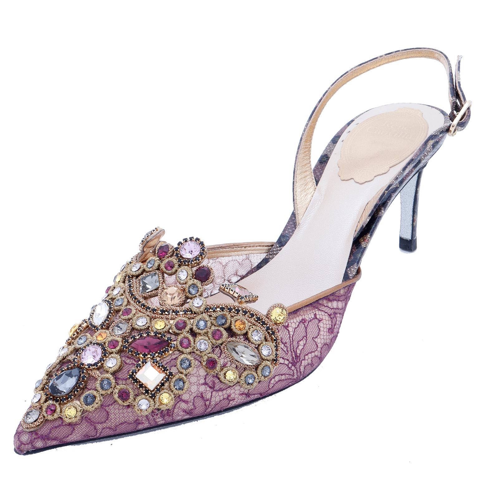 Women's Rene Caovilla Purple Lace Jeweled Slingback Evening Shoes