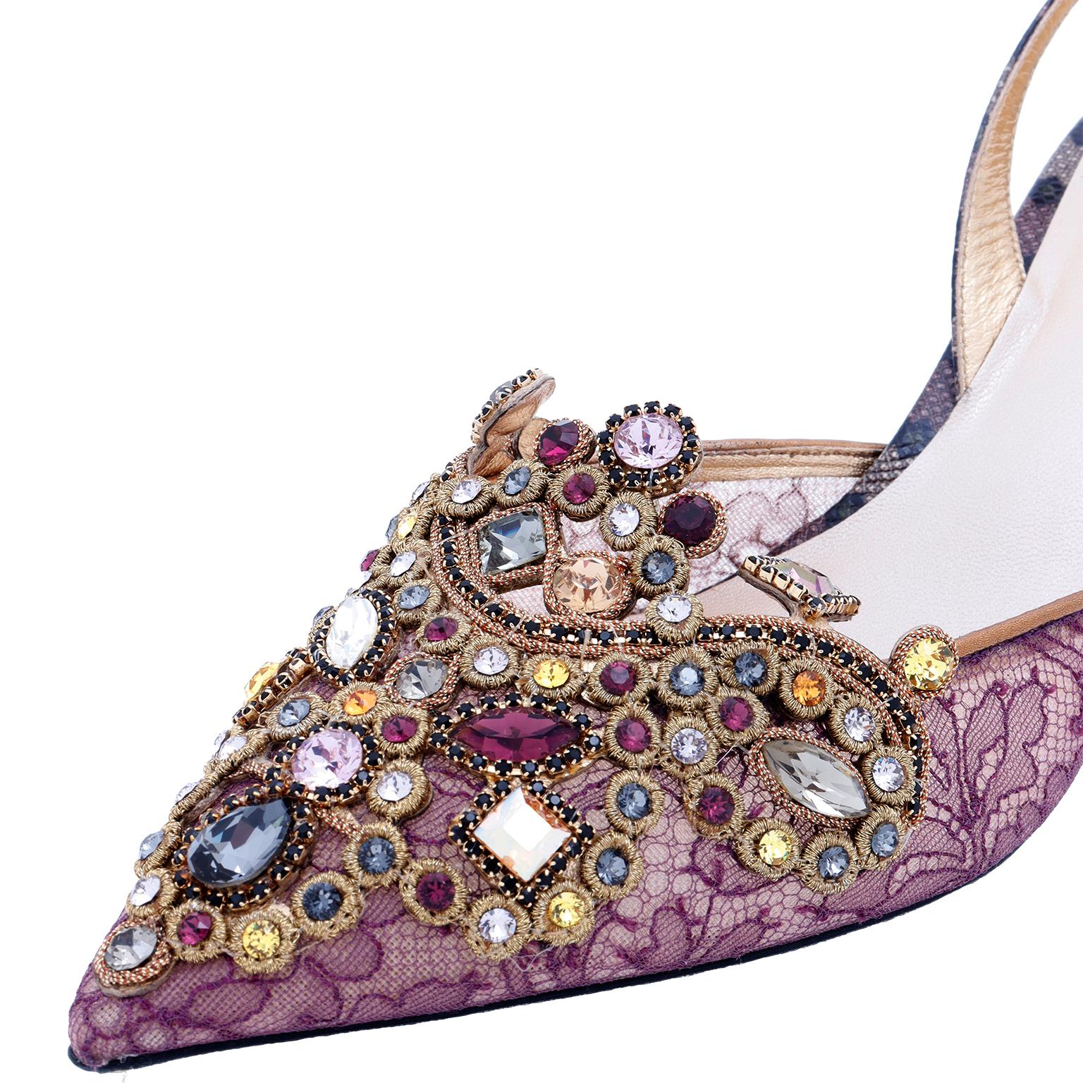 Rene Caovilla Purple Lace Jeweled Slingback Evening Shoes 1
