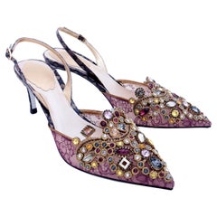 Rene Caovilla Purple Lace Jeweled Slingback Evening Shoes