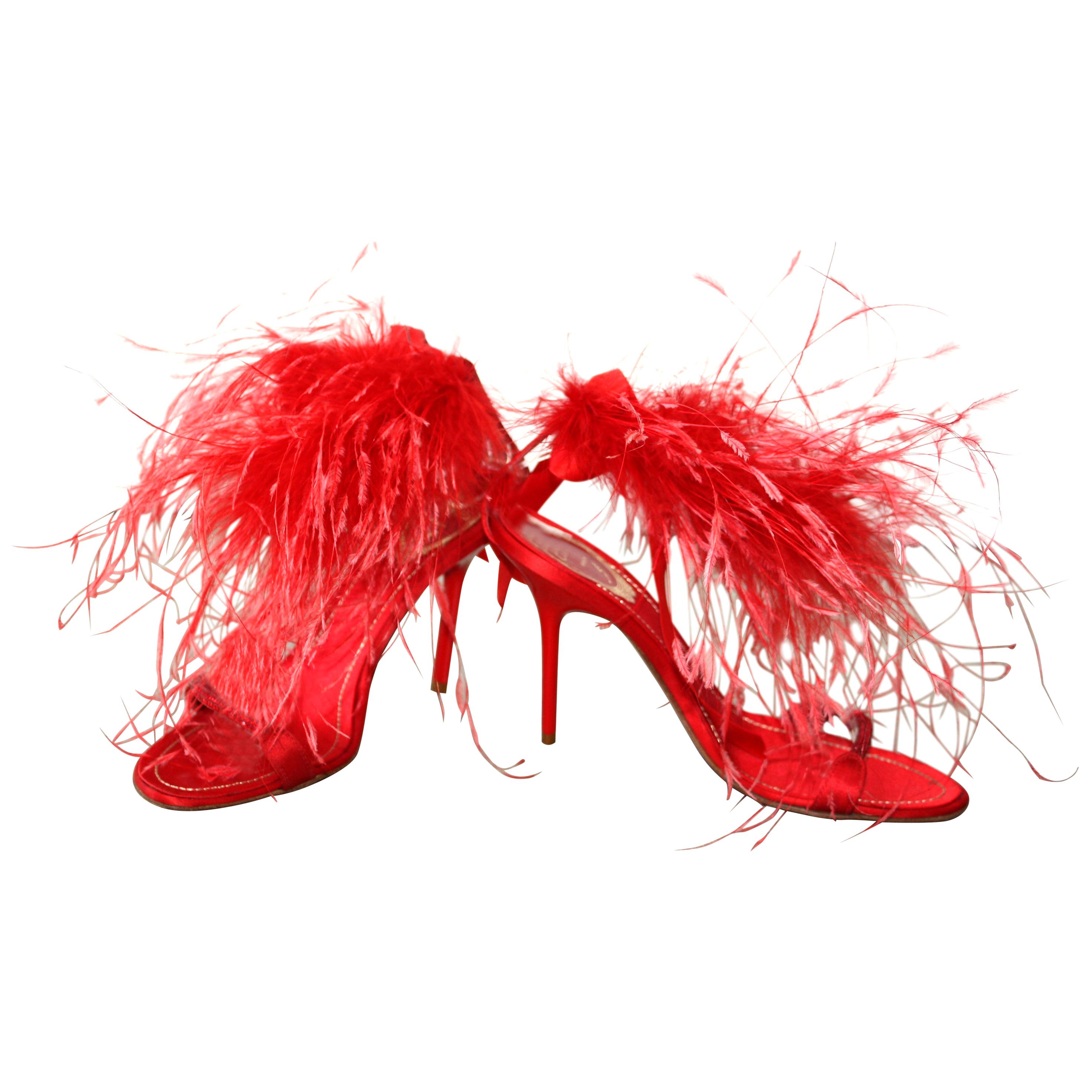 Rene Caovilla RED Satin and Feather Heels Size 37.5