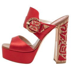 René Caovilla Red Satin Embellished Buckle Platform Sandals Size 41