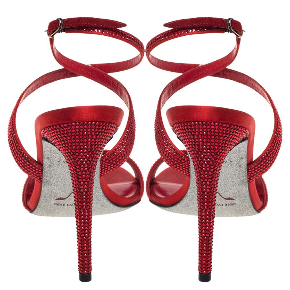 Rene Caovilla Rot Satin Scharlach Strass Krisabrita Riemchensandalen Größe 38 Damen