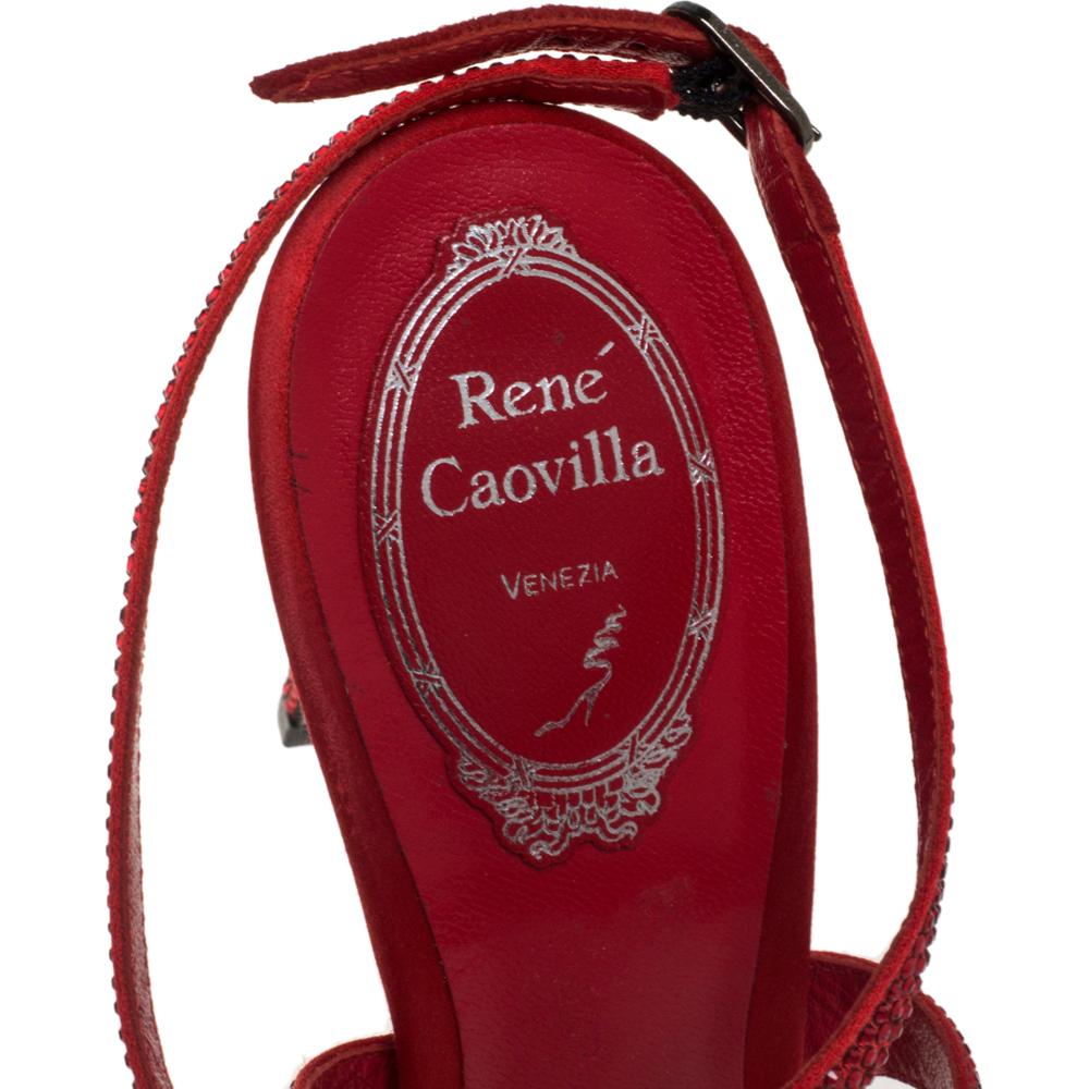 Rene Caovilla Red Satin Scarlet Strass Krisabrita Ankle Strap Sandals Size 38 In New Condition In Dubai, Al Qouz 2