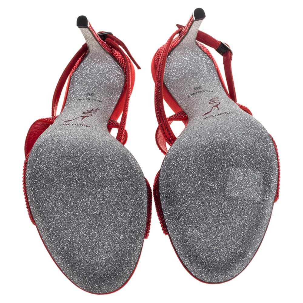 Women's Rene Caovilla Red Satin Scarlet Strass Krisabrita Ankle Strap Sandals Size 38