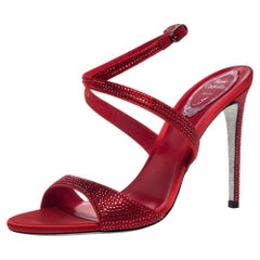 Rene Caovilla Red Satin Scarlet Strass Krisabrita Ankle Strap Sandals Size 38