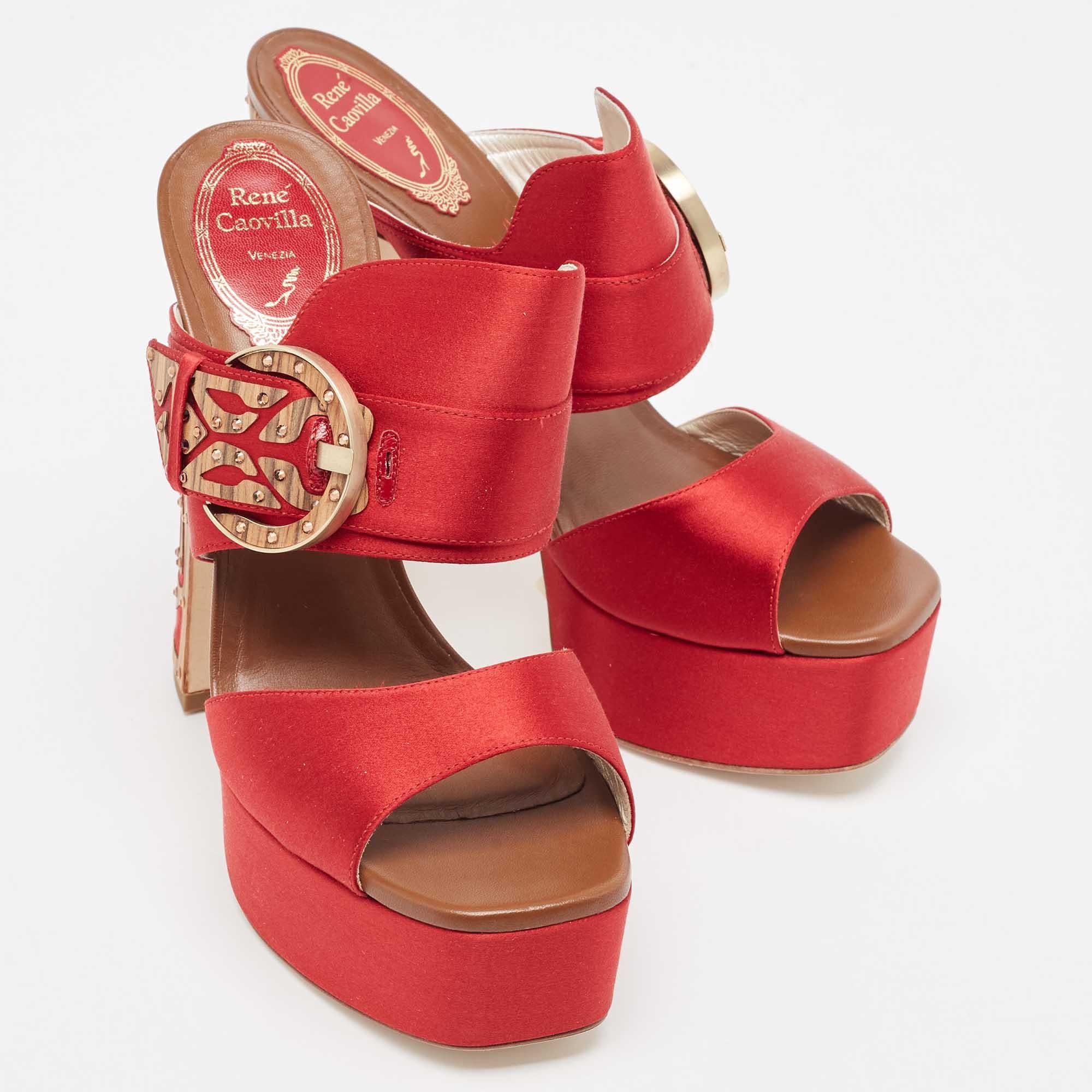 Red René Caovilla Satin Buckle Detail Crystal Embellished Sandals Size 39