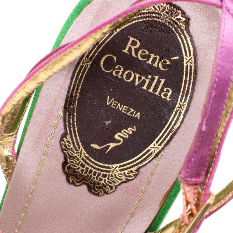Beige René Caovilla Satin Crystal Flower Embellished Ankle Strap Sandals Size 41